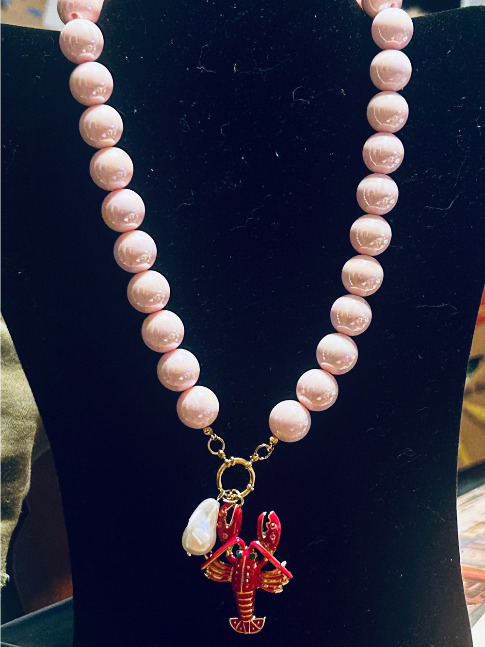 Pink Beaded Necklace with Red Lobster and pearl Charm MAYAMAR New